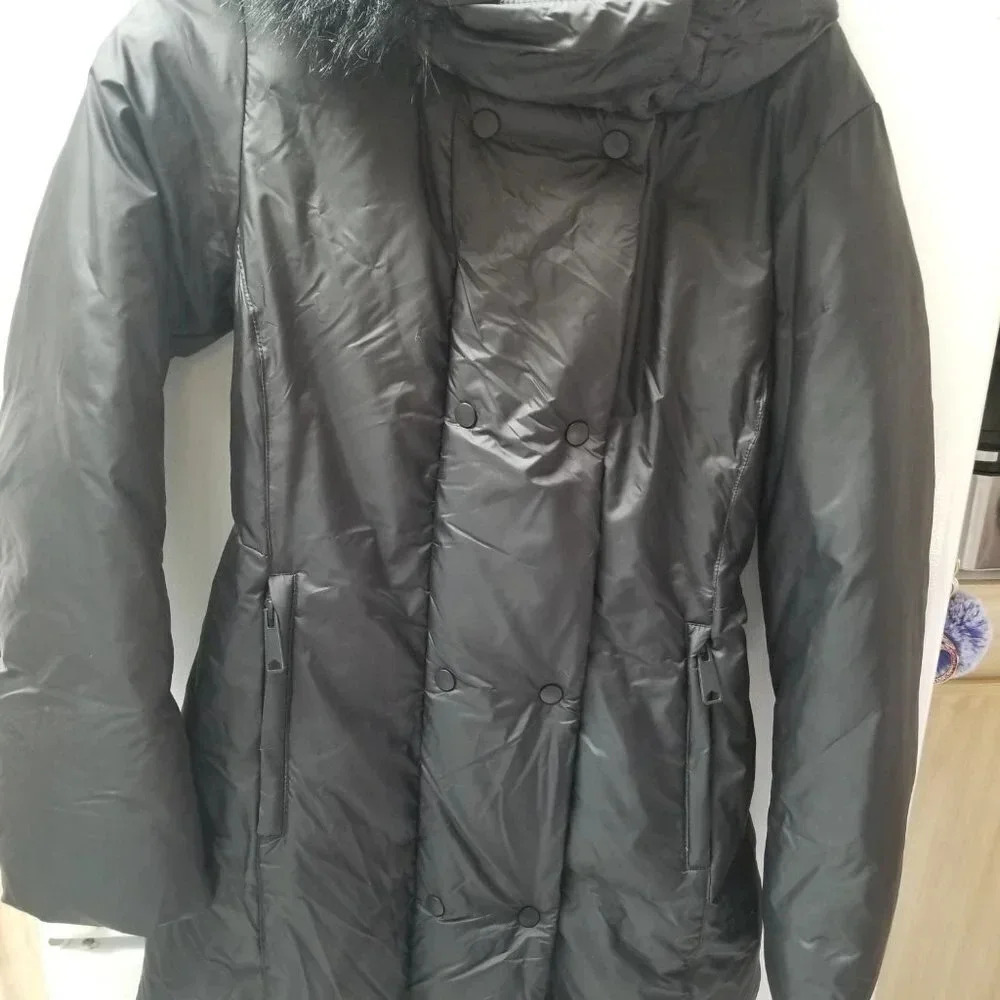 Zara Long Black Puffer Coat Faux Fur Trim Hood XS - Picture 15 of 16